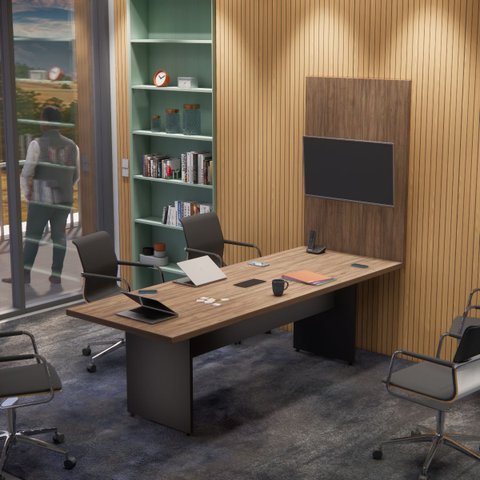 Mesa de Reunião Escritório 2.40x90 com Painel Tv Linha 40 Mm Atacadao Dos Móveis