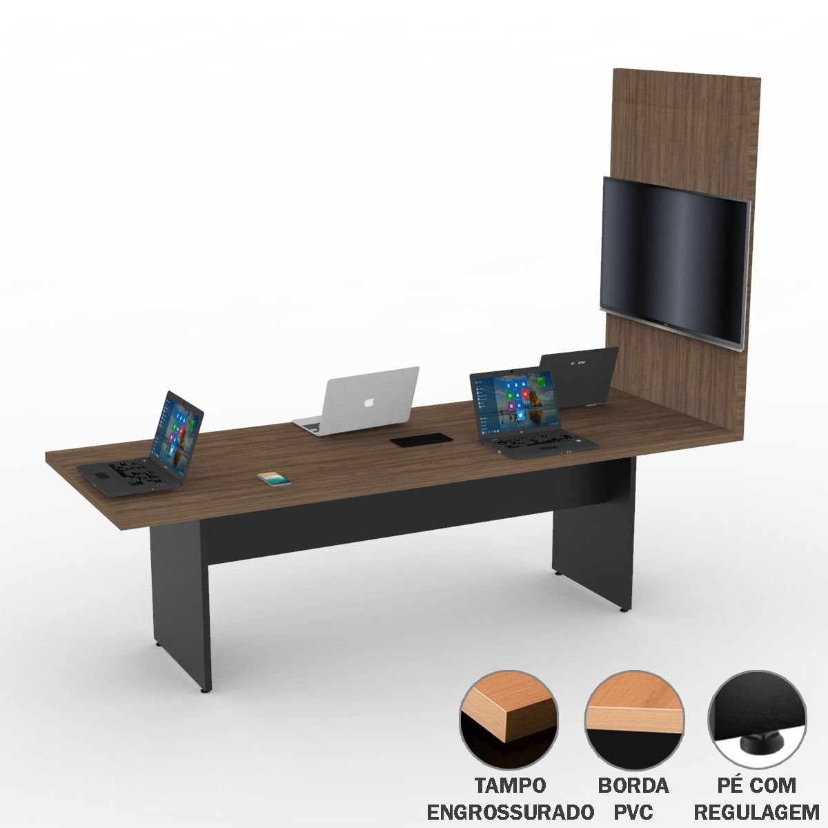 Mesa de Reunião Escritório 2.40x90 com Painel Tv Linha 40 Mm Atacadao Dos Móveis - 3