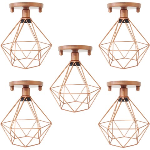 5 Lustres Teto Plafon Industrial Aramado Diamante Retrô Luminária Sobrepor Vintage Cobre Rose