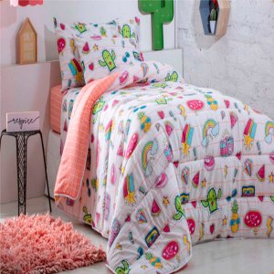 Kit Colcha Solteiro Infantil 240x160cm Patchwork Ultrasonic Cactus Happy Day