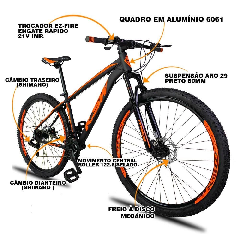 Bicicleta Aro 29 Ksw xlt Aluminio Câmbios Shimano 21v PRETO+LARANJA21 - 3