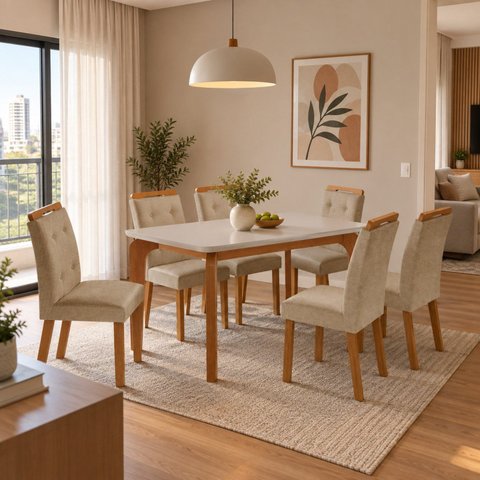 Conjunto de Mesa de Jantar Dublin 180 Tp MDF Laminado Canto Copo 6 Cadeiras Valentina