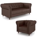 Ver imagem 2 de Conjunto Sala de Estar 1 Sofá Living 220cm e 1 Poltrona Stanford Chesterfield Pés Madeira Couro Marr