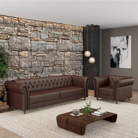 Conjunto Sala de Estar 1 Sofá Living 220cm e 1 Poltrona Stanford Chesterfield Pés Madeira Couro Marr