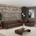 Ver imagem 1 de Conjunto Sala de Estar 1 Sofá Living 220cm e 1 Poltrona Stanford Chesterfield Pés Madeira Couro Marr
