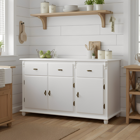 Balcão de Cozinha 631 Branco Laca com 3 Portas, 3 Gavetas e Pés Torneados