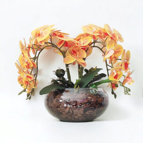 Arranjo Grande 4 Flores Orquídeas Artificial Coral Vaso Vidro