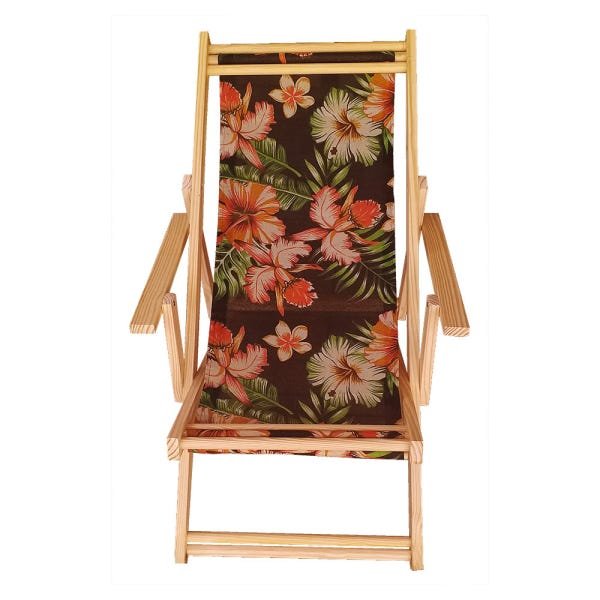 Kit 4 Cadeiras Preguiçosa Espreguiçadeira Dobrável Madeira Natural Estampa Floral Preta - 3