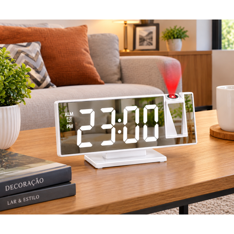 Relógio Despertador Digital LED com Espelho, Projeção de Hora