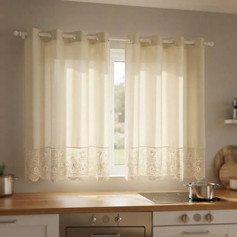 Cortina Valência 2,60x1,50 Tecido/Renda Cozinha - Champagne