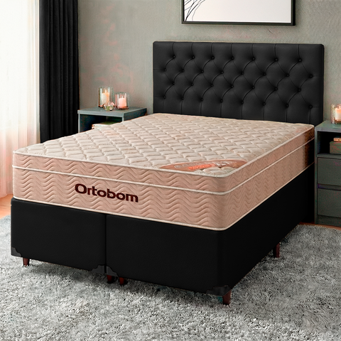 Cama + Box Preto e Colchão Ortobom Molas Ensacadas Queen - Airtech + Cabeceira