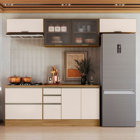 Composição de Cozinha Etna com Balcão 80cm para Cooktop e Aéreo 120cm Vidro Poliman Móveis