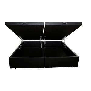 Base Box Baú King Bipartida em Corino Preto com Pistão a Gás - 41x193x203cm