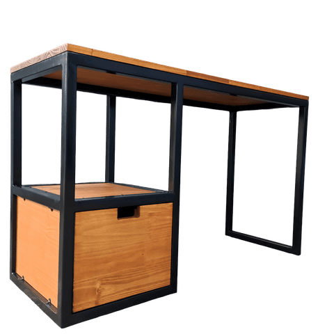 Escrivaninha Estilo Industrial - Uma Gaveta e Um Nicho Vazado - Ferro em Preto e Madeira Cor Castanh