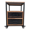 Ver imagem 2 de Mesa de Cabeceira Industrial de Ferro Preto e Madeira Cor Imbuia com 2 Gavetas e 4 Rodízios