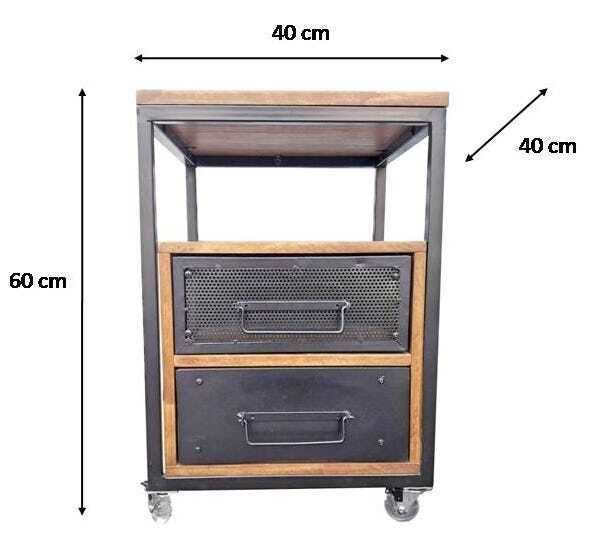 Mesa de Cabeceira Industrial de Ferro Preto e Madeira Cor Imbuia com 2 Gavetas e 4 Rodízios - 6