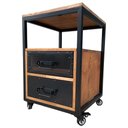 Ver imagem 1 de Mesa de Cabeceira Industrial de Ferro Preto e Madeira Cor Imbuia com 2 Gavetas e 4 Rodízios