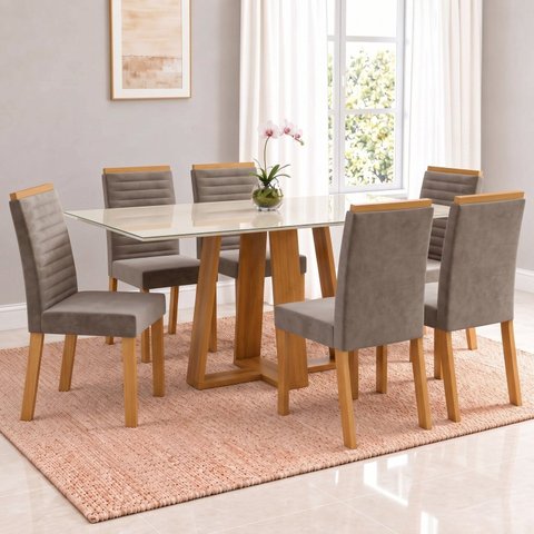 Conjunto Sala de Jantar Mesa Lisa 160cm Tampo MDF Vidro Canto Reto e 6 Cadeiras Tainá