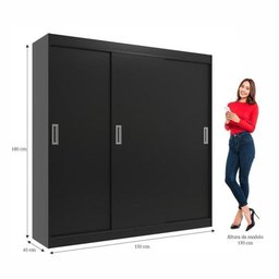 Guarda Roupas Casal Lisboa 3 Portas de Correr e 2 Gavetas - Black Black - 3