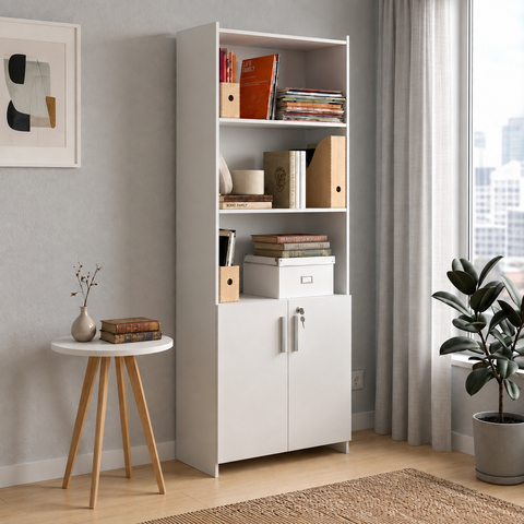 Armário para Escritório Semi-Aberto 2 Portas com Chave Branco