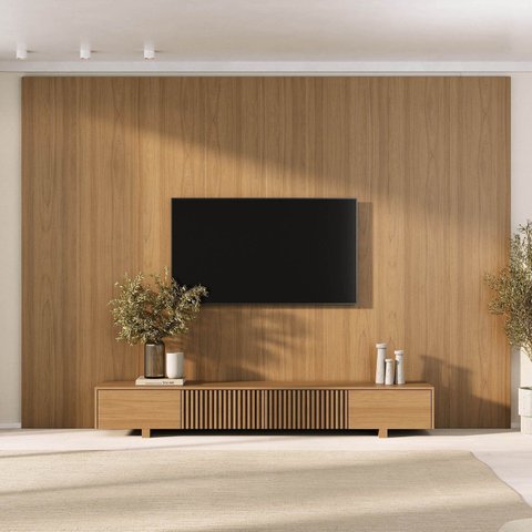 Rack Ripado com Painel TV até 86 Polegadas Planejado 320x230cm Aruá CabeCasa MadeiraOriginals Marrom Jatobá