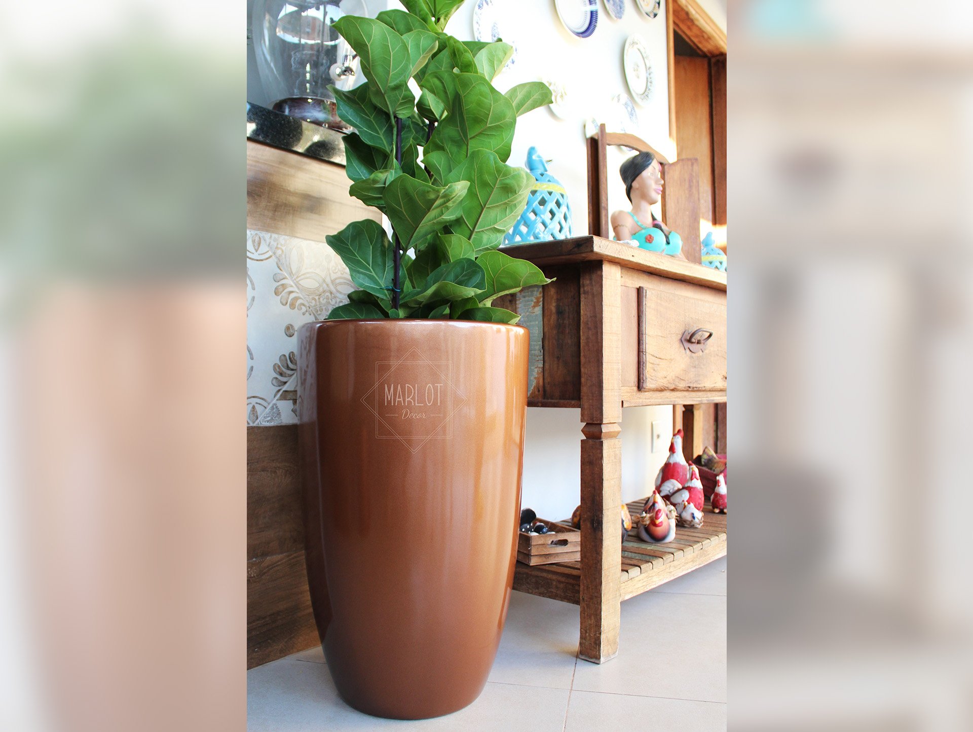 vaso decorativo para plantas e flores fibra de vidro estilo vietnamita 63x40cm Cobre - 4