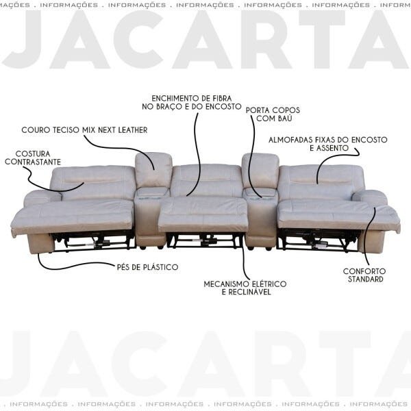 Sofá 3 Lugares Jacarta Reclinável Elétrico 3,76M Couro Avelã com Porta Copos - Idea Relax - 3