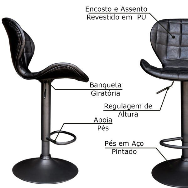 Kit 2 Banquetas Decorativa Sala e Cozinha Born PU Preto - Gran Belo - 3