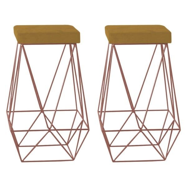 Kit 2 Banqueta Decorativa Kathy Base Bronze Suede Mostarda - Gran Belo - 1
