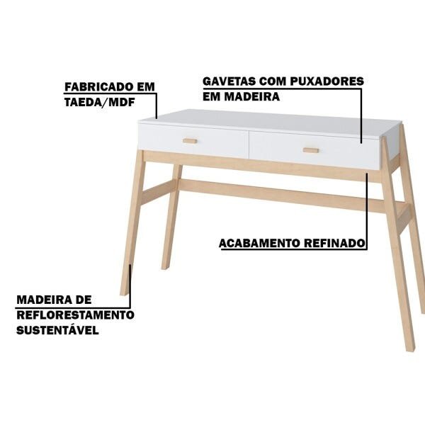 Aparador Decorativo Sala de Estar 2 Gavetas Yara Natural/Branco - 3