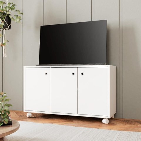 Rack para TV até 40 Polegadas com 3 Portas 1 Prateleira e Rodízios 90cm BSE01 Branco - BRV Móveis