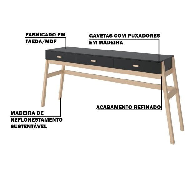 Aparador Decorativo Sala de Estar 3 Gavetas Yara Natural/Preto - 3