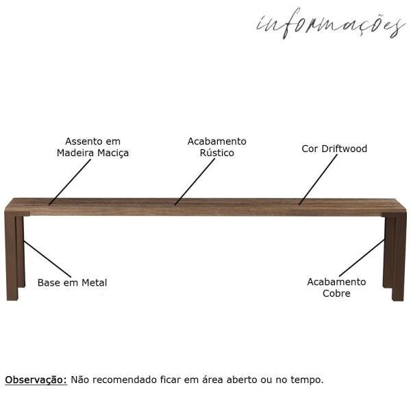 Banco Decorativo para Varanda Cozinha Bladel 160cm Cobre Madeira Maciça Driftwood - Gran Belo - 2