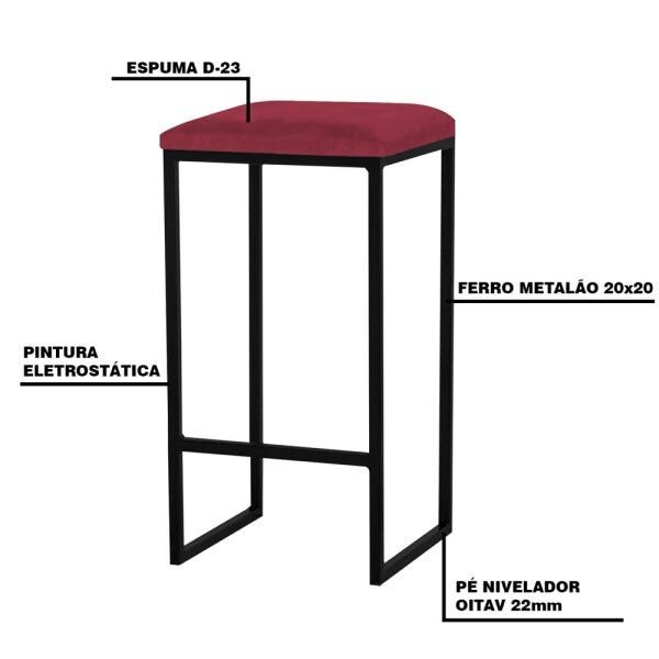 Banqueta Decorativa Billie Base Preta Suede Bordô - Gran Belo - 3