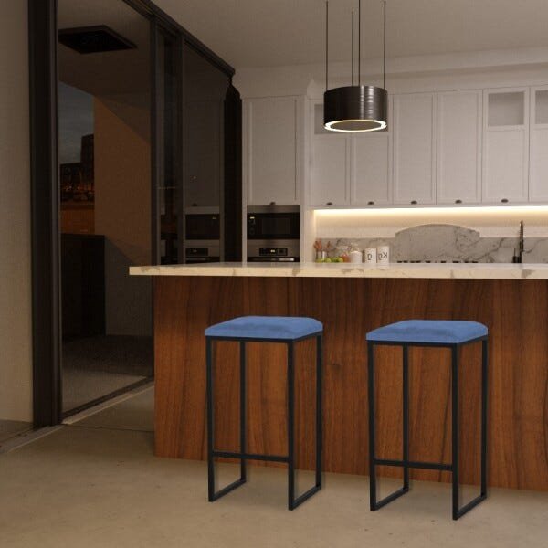 Banqueta Decorativa Billie Base Preta Suede Azul Marinho - Gran Belo - 6