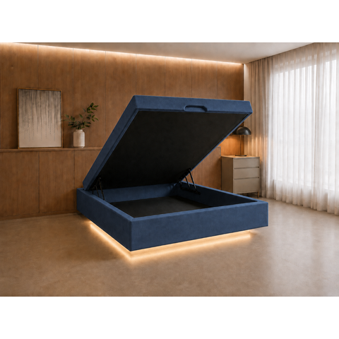 Cama Box Baú Casal Flutuante com LED, Encaixe para Colchão e Puxador Embutido:Azul