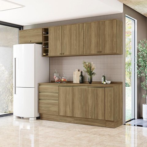 Armário de Cozinha Completa Garrafeiro 100% Mdf 280cm Nogueira Celeste Kappesberg