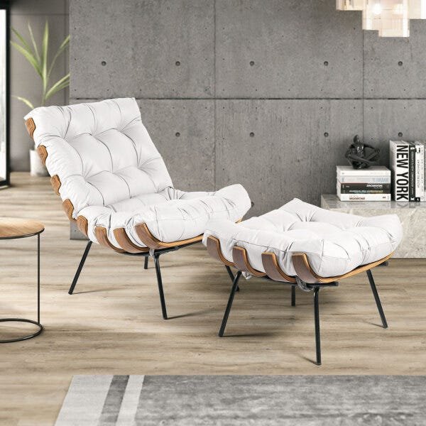 Poltrona com Puff Decorativos Sala de Estar Costela Couro Branco - Gran Belo - 4
