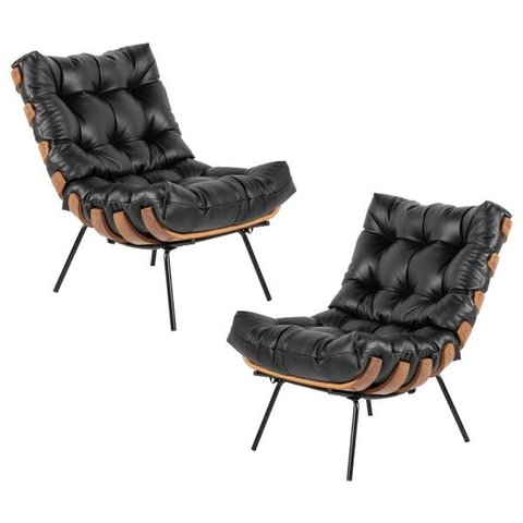 Kit 2 Poltrona Decorativa Sala de Estar Costela Couro Preto - Gran Belo