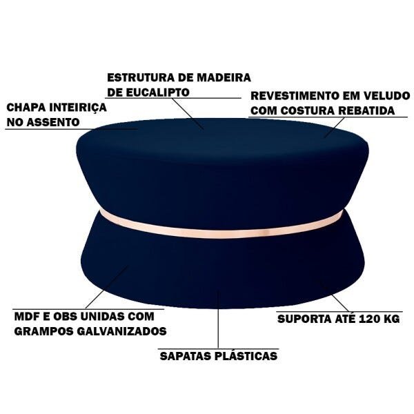 Puff Decorativo Sala de Estar 95cm Dhaka Veludo Azul Marinho - Gran Belo - 3