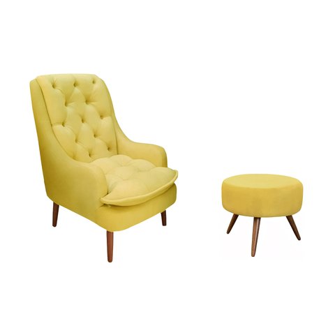 Kit Poltrona Lille e Puff Suede Amarelo - Dominic Decor