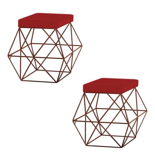 Kit 2 Puffs Decorativo Sala de Estar Base Bronze Trixie Suede Vermelho - Gran Belo - 1