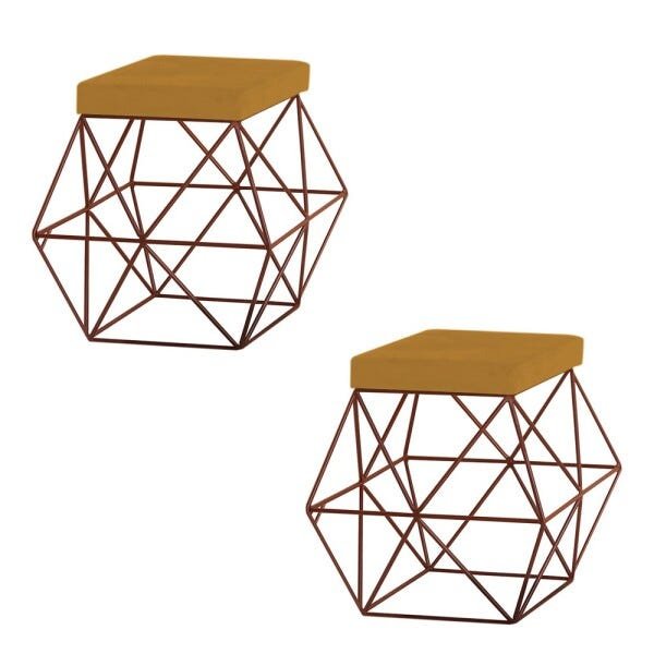 Kit 2 Puffs Decorativo Sala de Estar Base Bronze Trixie Suede Mostarda - Gran Belo - 1