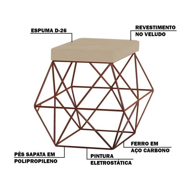 Kit 2 Puffs Decorativo Sala de Estar Base Bronze Trixie Veludo Bege - Gran Belo - 3