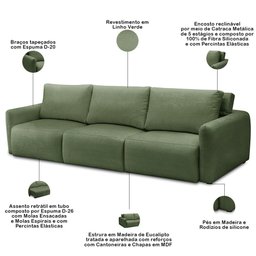 Sofá Retrátil Reclinável para Sala 4 Lugares 300cm Egeu F04 Linho Verde - Lyam Decor - 3