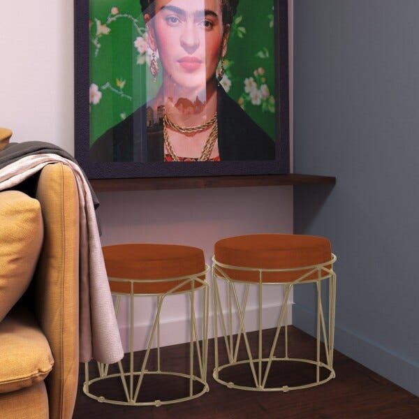 Puff Decorativo Sala de Estar Base Gold Chloe Suede Telha - Gran Belo - 6