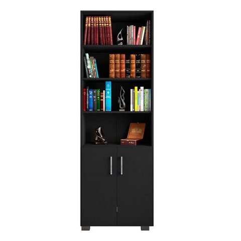 Estante de Livros para Escritório Home Office Portas Pequenas Alf Preto Texturizado - Gran Belo