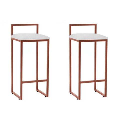 Kit 2 Banquetas Altas Bistô Bar em Aço Cobre Assento Corino Branco
