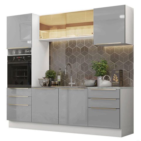 Cozinha Lux com Armário e Balcão Branco Cinza