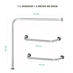 Kit 01 Barra de apoio em L 60x60cm lado Vaso sanitário + 02 Alças de 60cm Reta - 2